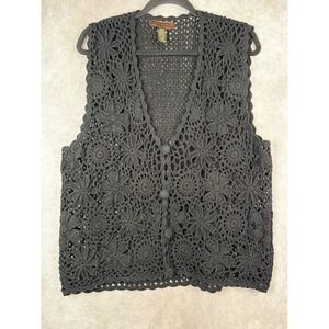 VTG 90s Yarnworks Crochet Vest Large Black Floral Boho Open Knit Button Front